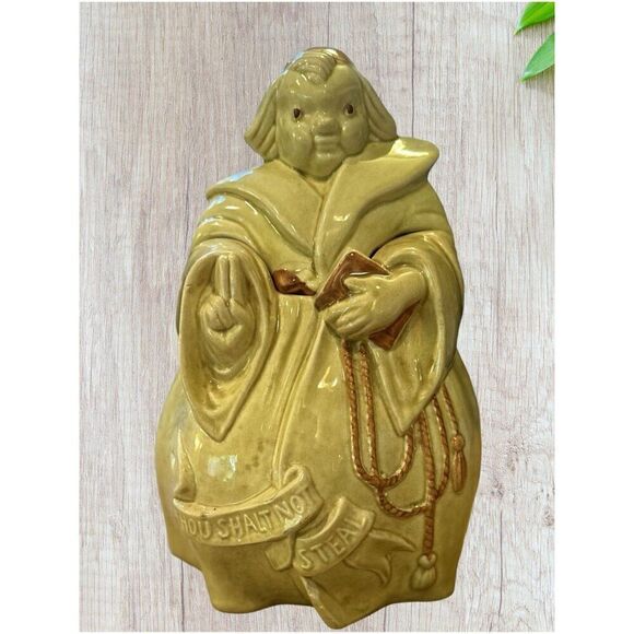 Vintage RED WING Cookie Jar "Thou Shalt Not Steal" Friar Tuck Monk 1940s Yellow - Picture 9 of 9